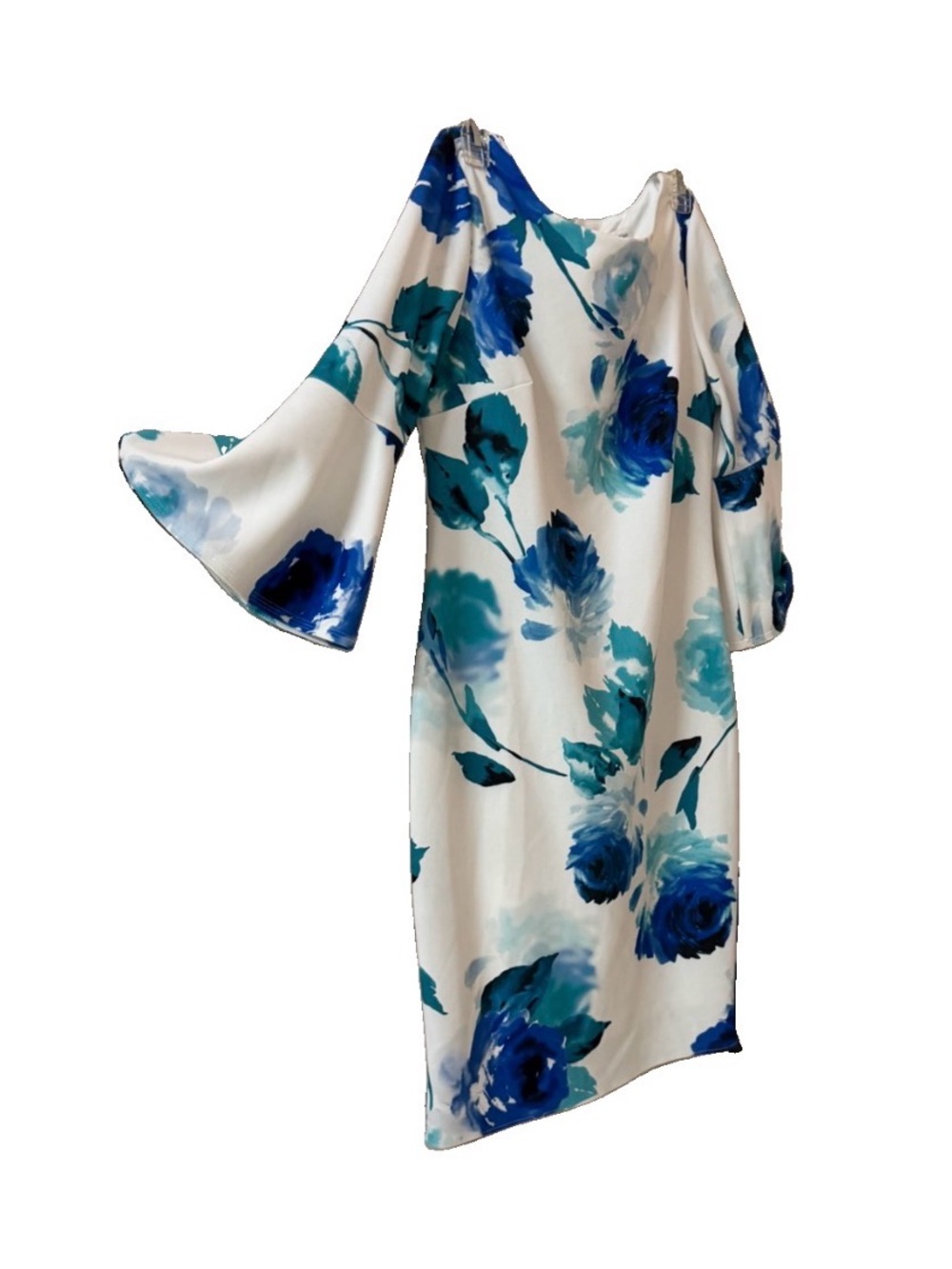 Calvin Klein size 10 Blue Floral Cold-Shoulder Midi Dress teals and blues